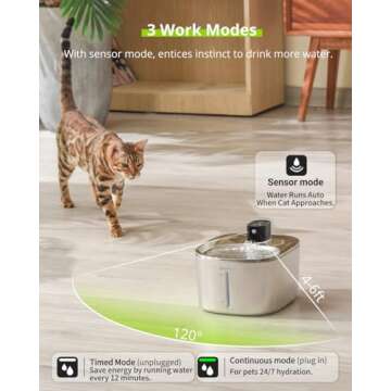 APD APETDOLA Wireless Cat Water Fountain, 135 fl oz/4L Stainless Steel Cat Fountain Battery Operated with Water Level Window, 3 Work Modes, Cordless Pet Fountain for Cats, Dogs, Pets, Inside, Black