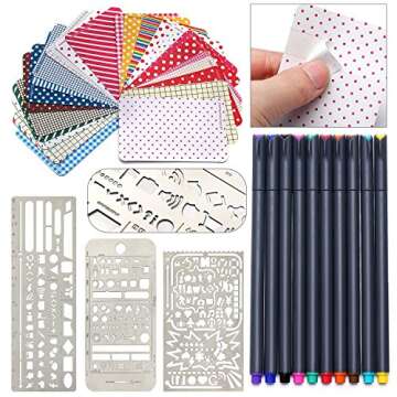 Scrapbooking Set - Unique Stencils (3) + Pattern Stickers (24) + Fine Color Markers (10)