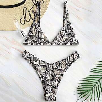 ZAFUL Women's Snakeskin Print Swimsuit High Cut Triangle Bikini Set Straps Two Piece Bathing Suit Orange Gold-A S