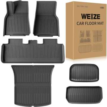 Weize Floor Mats & Cargo Liners Fits Tesla Model Y 5-Seat 2021-2024 2025 All Weather TPE Floor Mats and Cargo Trunk Mats Accessories, Set of 6 Mats (Not Fit 7-Seat)
