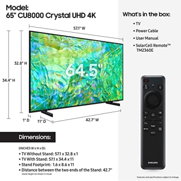 SAMSUNG 65-Inch Class Crystal UHD 4K CU8000 Series PurColor,Object Tracking Sound Lite,Q-Symphony,Motion Xcelerator,Ultra Slim,Solar Remote,Smart TV with Alexa Built-in (UN65CU8000,2023 Model),Black