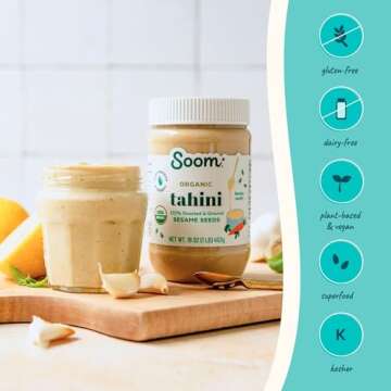 Soom Foods Organic Tahini 16oz (2 Pack) | Roasted & Ground Sesame Seed Paste | Creamy Texture for Hummus, Sauces, Dips, Salad Dressings | Vegan, Peanut-Free, Nut-Free, Gluten-Free, Dairy-Free, Keto, Paleo, Kosher | All-Natural