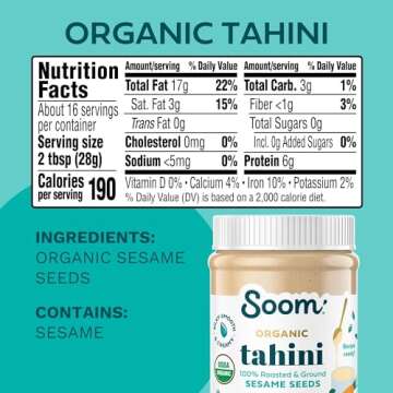 Soom Foods Organic Tahini 16oz (2 Pack) | Roasted & Ground Sesame Seed Paste | Creamy Texture for Hummus, Sauces, Dips, Salad Dressings | Vegan, Peanut-Free, Nut-Free, Gluten-Free, Dairy-Free, Keto, Paleo, Kosher | All-Natural