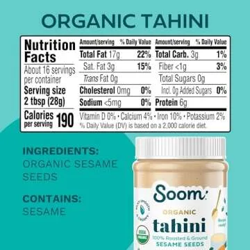 Soom Foods Organic Tahini 16oz (2 Pack) | Roasted & Ground Sesame Seed Paste | Creamy Texture for Hummus, Sauces, Dips, Salad Dressings | Vegan, Peanut-Free, Nut-Free, Gluten-Free, Dairy-Free, Keto, Paleo, Kosher | All-Natural