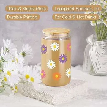 GSPY Daisy Aesthetic Gifts 16 oz Glass Coffee Cup