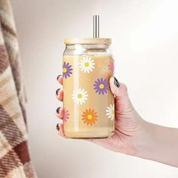 GSPY Daisy Aesthetic Gifts 16 oz Glass Coffee Cup