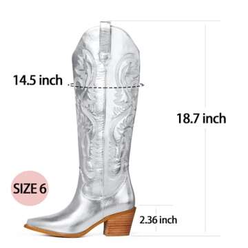 Ouepiano Cowboy Boots for Women Knee High Boots Embroidered Metallic Western Tall Long Cowgirl Boot Pointed Toe Chunky Heel Pull On Silver 7