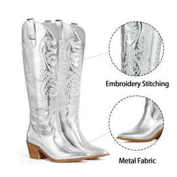 Ouepiano Cowboy Boots for Women Knee High Boots Embroidered Metallic Western Tall Long Cowgirl Boot Pointed Toe Chunky Heel Pull On Silver 7