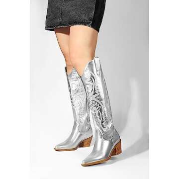 Ouepiano Cowboy Boots for Women Knee High Boots Embroidered Metallic Western Tall Long Cowgirl Boot Pointed Toe Chunky Heel Pull On Silver 7