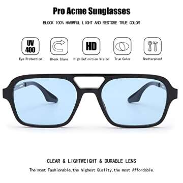 Pro Acme Vintage 70s Flat Pilot Sunglasses for Women Men, Small Frame Rectangular Glasses UV400 Protection Shades (Black Frame | Blue Lens)