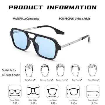 Pro Acme Vintage 70s Flat Pilot Sunglasses for Women Men, Small Frame Rectangular Glasses UV400 Protection Shades (Black Frame | Blue Lens)