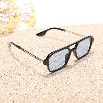 Pro Acme Vintage 70s Flat Pilot Sunglasses for Women Men, Small Frame Rectangular Glasses UV400 Protection Shades (Black Frame | Blue Lens)