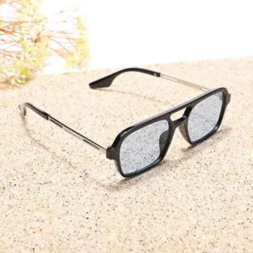 Pro Acme Vintage 70s Flat Pilot Sunglasses for Women Men, Small Frame Rectangular Glasses UV400 Protection Shades (Black Frame | Blue Lens)