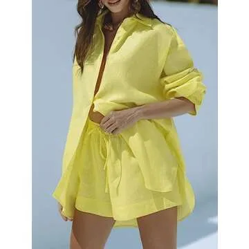 Fixmatti 2 Piece Outfits For Women Lounge Pajama Sets Long Sleeve Button Down Oversized Shirts And Shorts Tracksuit Yellow L