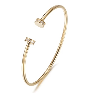 WISTIC Gold Shiny Cuff with Round CZ Bangle Bracelet for Women Polished Thin Stainless Steel Jewelry...
