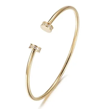 WISTIC Gold Shiny Cuff with Round CZ Bangle Bracelet for Women Polished Thin Stainless Steel Jewelry...