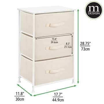 mDesign Steel Top and Frame Storage Dresser Tower Unit with 3 Removable Fabric Drawers for Bedroom, Living Room, or Bathroom - Holds Clothes, Accessories, Jane Collection - Cream/White