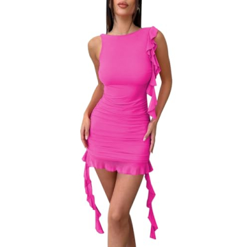 Essrite Womens Fashion Hot Pink Mini Dress with Frills and Ruffles