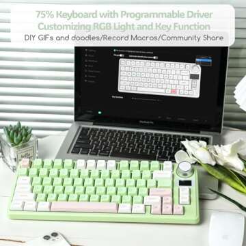 EPOMAKER TH80-X Gasket Mechanical Keyboard, 75% Layout Triple Mode Hot-swap Gaming Keyboard with 4000mAh Battery, LCD Screen, NKRO, RGB for Office/Win/Mac (Green, Epomaker Flamingo Switch)