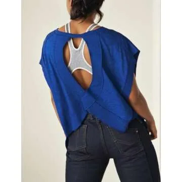Anoumcy Cotton Open Back Workout Top for Women Casual Athletic Gym Yoga Workout Crop Shirts Running Activewear Tops Blue L