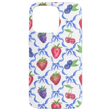 iPhone 15 Pro Max Coquette Case - Blue Bows & Summer Fruits Design