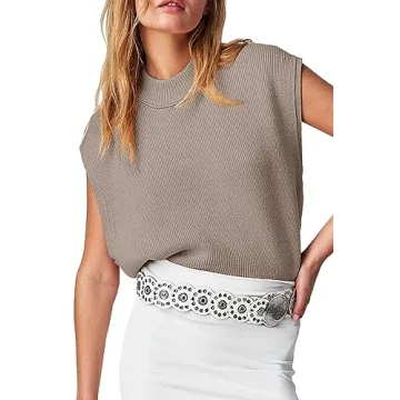 Langwyqu Womens Sweater Vest Cap Sleeve Mock Neck Vest Tops Casual Loose Fit Trendy Knit Sweater Pullover Tank Tops Taupe