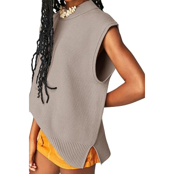 Langwyqu Womens Sweater Vest Cap Sleeve Mock Neck Vest Tops Casual Loose Fit Trendy Knit Sweater Pullover Tank Tops Taupe