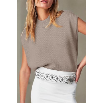Langwyqu Womens Sweater Vest Cap Sleeve Mock Neck Vest Tops Casual Loose Fit Trendy Knit Sweater Pullover Tank Tops Taupe