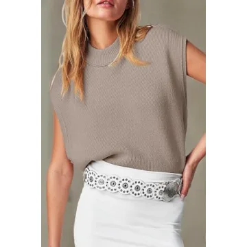 Langwyqu Womens Sweater Vest Cap Sleeve Mock Neck Vest Tops Casual Loose Fit Trendy Knit Sweater Pullover Tank Tops Taupe