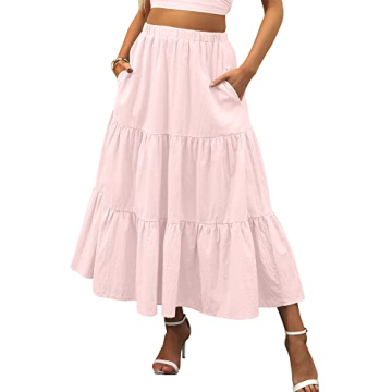ANRABESS Women’s Summer Boho Flowy Swing Tiered A-Line Midi Skirt 2024 Fashion Trendy Elastic Wais...