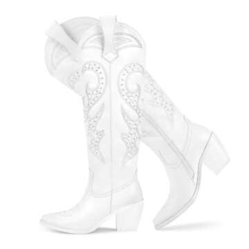 Trendy Wetkiss Women’s White Cowgirl Mid Calf Cowboy Boots