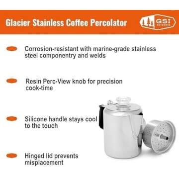 GSI Outdoors 3 Cup Percolator Coffee Pot Glacier Stainless Steel with Silicone Handle for Camping, B...