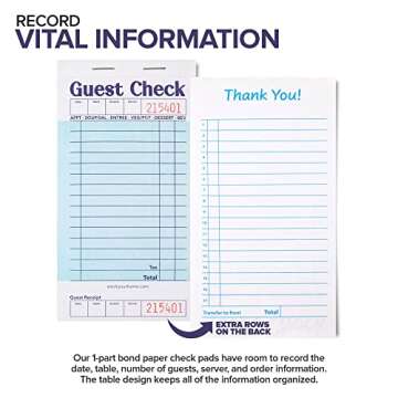 Stock Your Home Blue Guest Check Books for Servers (5 Pack) Server Note Pads, Waiter Checkbook, Food Receipt Book, Restaurant Order Pad, Paper Checks, Waitress Accessories, 250 Total Tickets