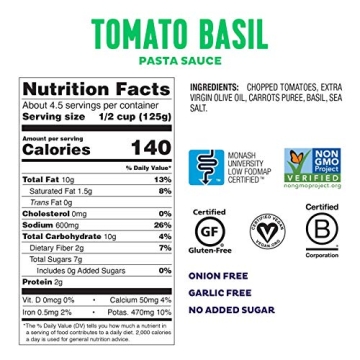 Fody Tomato Basil Pasta Sauce 19.4 oz Low FODMAP Organic