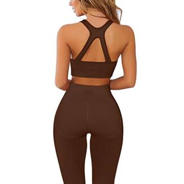 QINSEN Tummy Control Full Length Leggings for Women High Waist,Seamless Workout Bra 2 Piece Outfits Set Coffee M