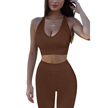 QINSEN Tummy Control Full Length Leggings for Women High Waist,Seamless Workout Bra 2 Piece Outfits Set Coffee M