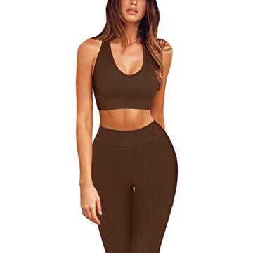 QINSEN Tummy Control Full Length Leggings for Women High Waist,Seamless Workout Bra 2 Piece Outfits Set Coffee M