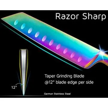 WELLSTAR Rainbow Knife Set 5 Piece, Razor Sharp German Stainless Steel Blade with Iridescent Titanium Coated, Kiritsuke Santoku Boning Utility Paring for Kitchen Cutting Dicing Filleting and Peeling