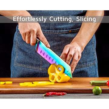 WELLSTAR Rainbow Knife Set 5 Piece, Razor Sharp German Stainless Steel Blade with Iridescent Titanium Coated, Kiritsuke Santoku Boning Utility Paring for Kitchen Cutting Dicing Filleting and Peeling