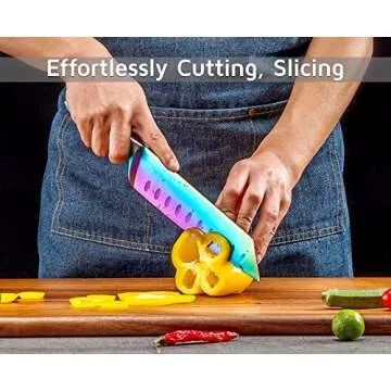 WELLSTAR Rainbow Knife Set 5 Piece, Razor Sharp German Stainless Steel Blade with Iridescent Titanium Coated, Kiritsuke Santoku Boning Utility Paring for Kitchen Cutting Dicing Filleting and Peeling