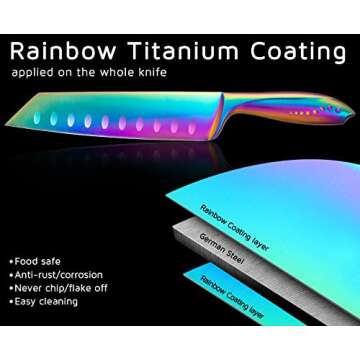 WELLSTAR Rainbow Knife Set 5 Piece, Razor Sharp German Stainless Steel Blade with Iridescent Titanium Coated, Kiritsuke Santoku Boning Utility Paring for Kitchen Cutting Dicing Filleting and Peeling