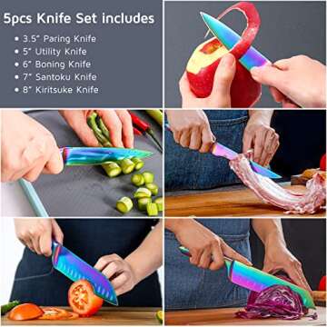 WELLSTAR Rainbow Knife Set 5 Piece, Razor Sharp German Stainless Steel Blade with Iridescent Titanium Coated, Kiritsuke Santoku Boning Utility Paring for Kitchen Cutting Dicing Filleting and Peeling