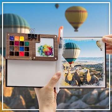 Qilery Mini Portable Watercolor Palette Set Wooden Grid Paint Box, Watercolor Paper Pad Sketch Book Brush Pens with Binder Clips for Painters Artists Students(5.5 x 5.5 Inches)