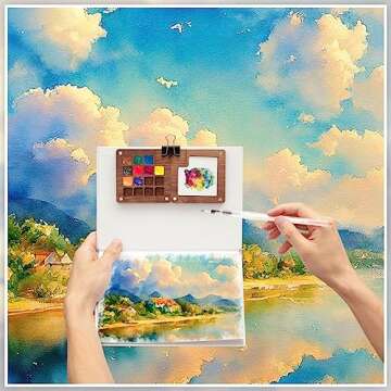 Qilery Mini Portable Watercolor Palette Set Wooden Grid Paint Box, Watercolor Paper Pad Sketch Book Brush Pens with Binder Clips for Painters Artists Students(5.5 x 5.5 Inches)