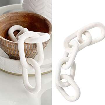 Hanlin Wood Chain Link Decor - Hand Carved Boho Decorative Chain, Farmhouse Decor, Sustainable Pine, Coffee Table Shelf for Home Living Room (White)