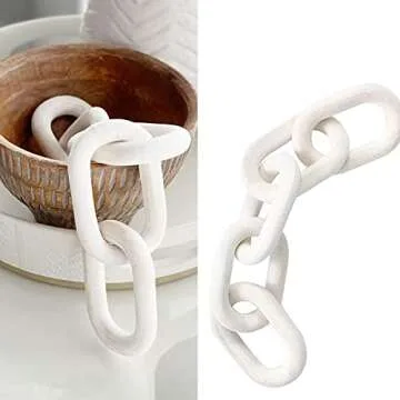 Hanlin Wood Chain Link Decor - Hand Carved Boho Decorative Chain, Farmhouse Decor, Sustainable Pine, Coffee Table Shelf for Home Living Room (White)