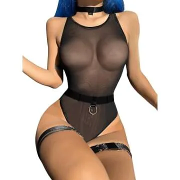 WDIRARA Women's Sheer Mesh Teddy Bodysuit with Leg Ring