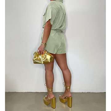 2 Piece Summer Outfits for Women Sexy Casual Button-Down Solid Short Sleeve Tops Blouses Shirts and High Waisted Shorts Set Tea Green M