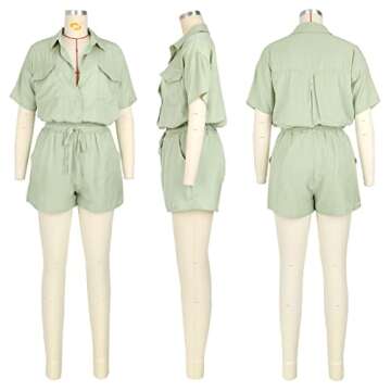 2 Piece Summer Outfits for Women Sexy Casual Button-Down Solid Short Sleeve Tops Blouses Shirts and High Waisted Shorts Set Tea Green M