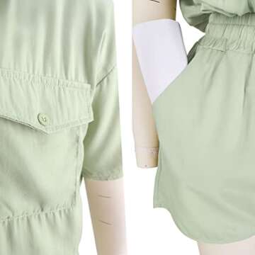 2 Piece Summer Outfits for Women Sexy Casual Button-Down Solid Short Sleeve Tops Blouses Shirts and High Waisted Shorts Set Tea Green M